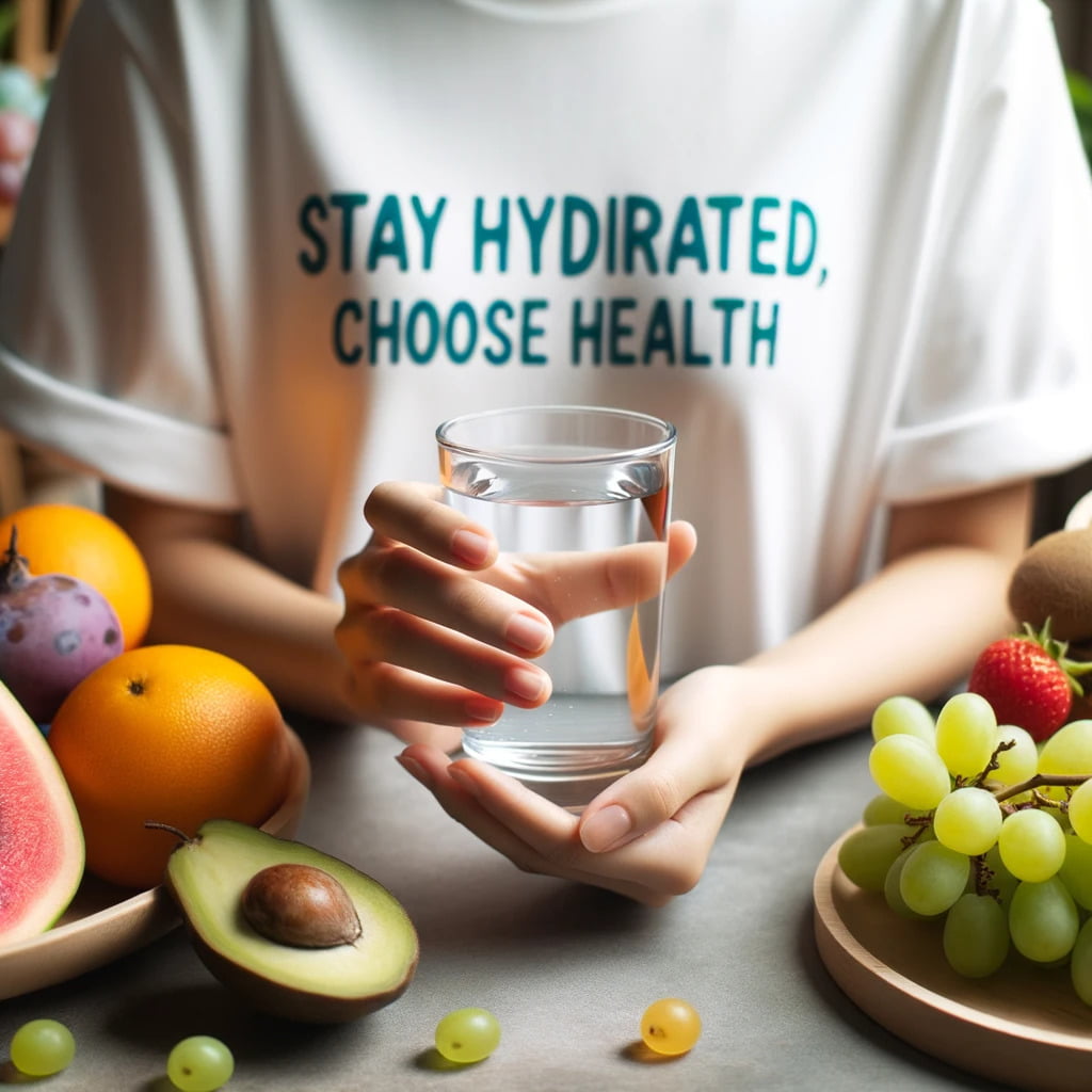 glass of water with fruits in the background. The text overlay on the image says_ 'Stay Hydrated, Choose Health'.png