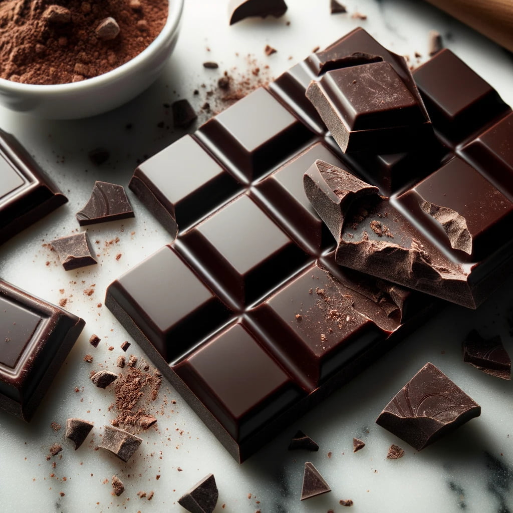  Photo of a dark chocolate bar broken into pieces, placed on a white marble surface.png