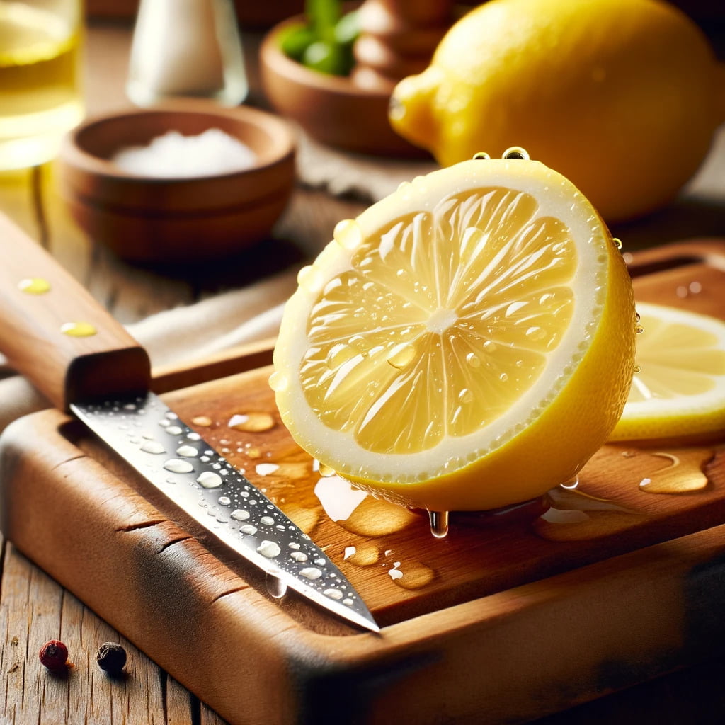 Photo of a freshly sliced lemon resting on a wooden cutting board, with droplets of juice visible