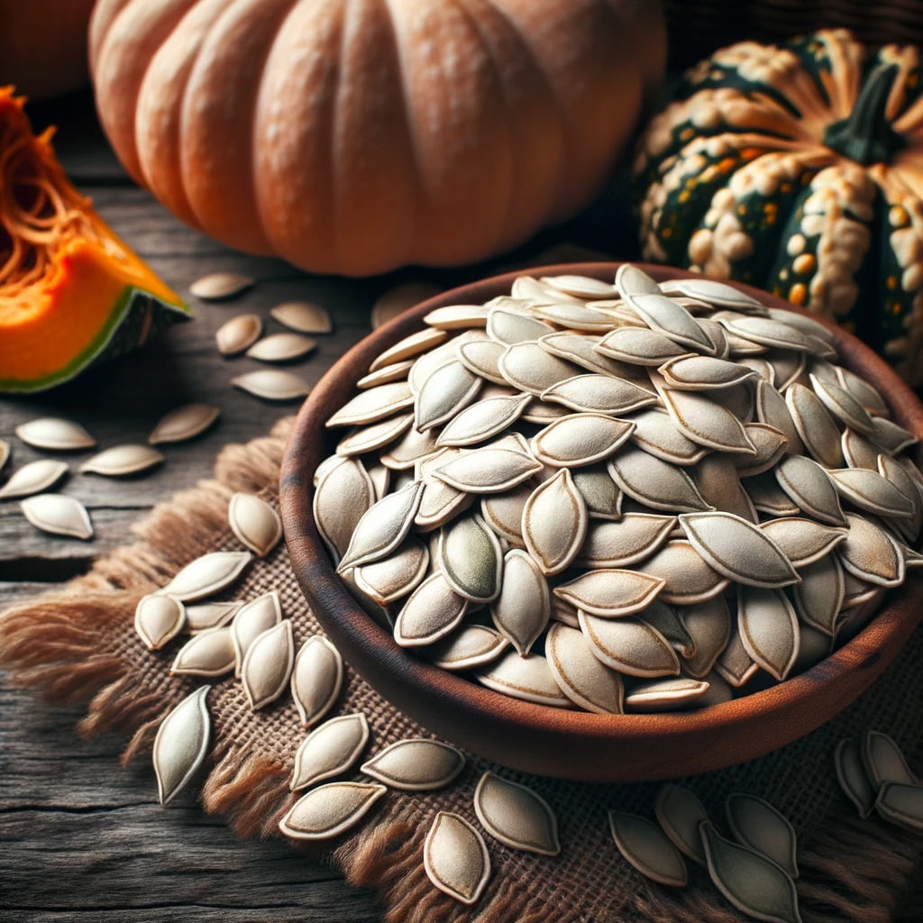 Photo of a handful of raw pumpkin seeds on a rustic wooden background.png