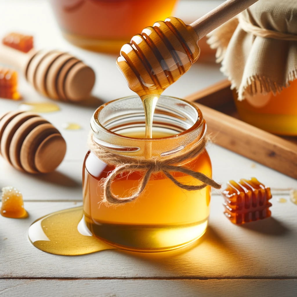 Photo of a honey jar with a wooden dipper, golden honey dripping from it onto a white surface