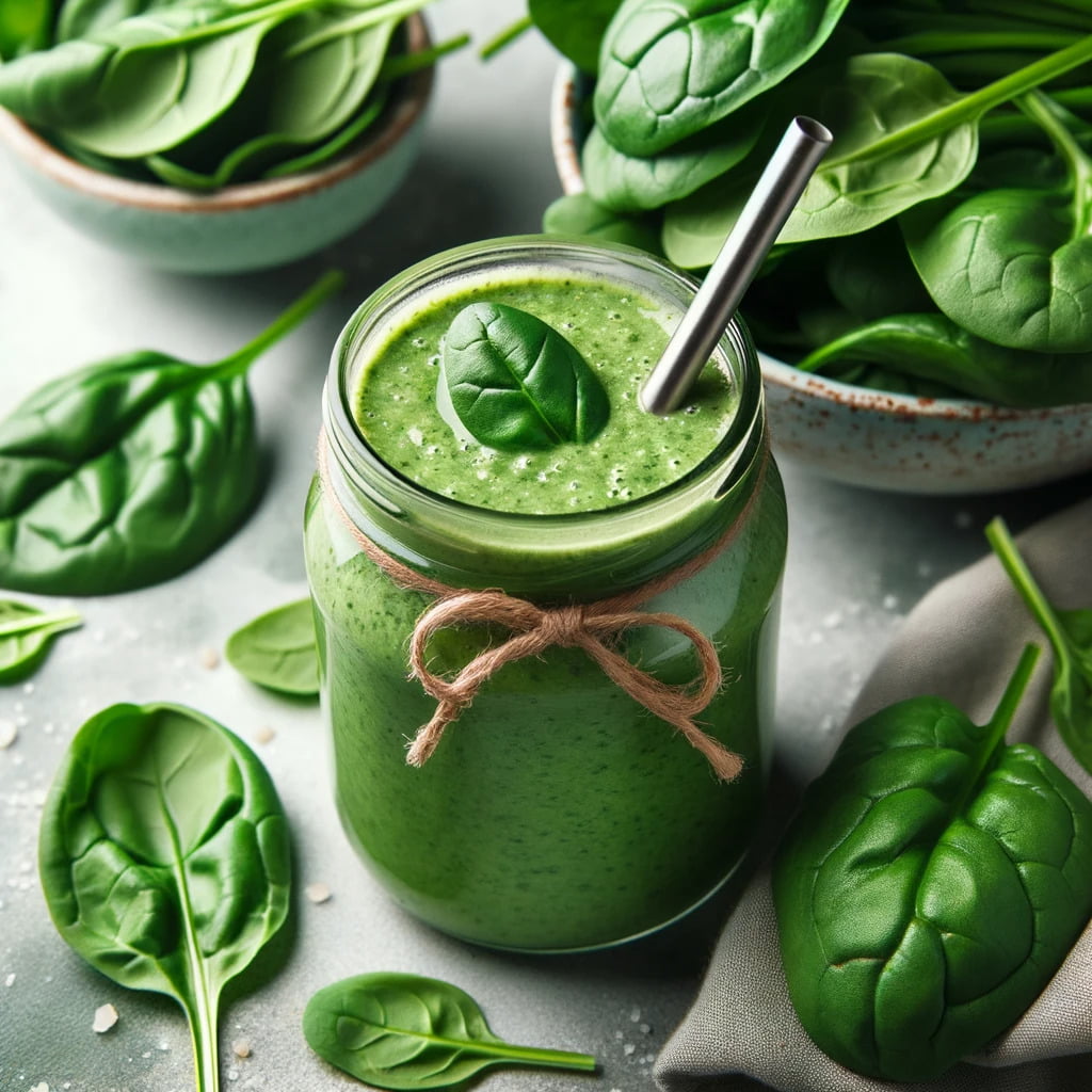 Photo of a spinach smoothie in a glass with a metal straw, surrounded by fresh spinach leaves.png