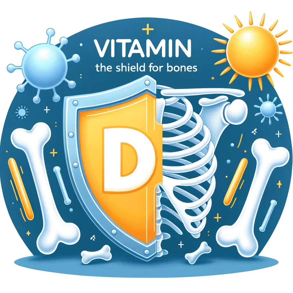 a bone structure and a shield, symbolizing the protective role of Vitamin D in bone health with text_ 'Vitamin D_ The Shield for Bones