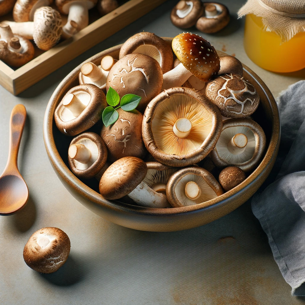 a bowl filled with shiitake and maitake mushrooms, showcasing their richness in Vitamin D with text_ 'Mushrooms_ The Plant World's Vitamin D 