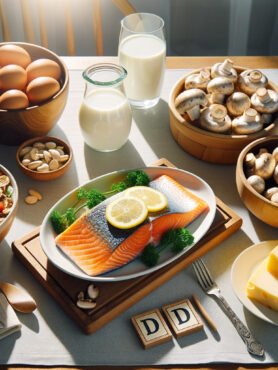 a dining table set up with Vitamin D-rich foods. Centered on the table is a dish of baked salmon with lemon wedges. Surrounding it, a glass