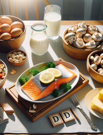 a dining table set up with Vitamin D-rich foods. Centered on the table is a dish of baked salmon with lemon wedges. Surrounding it, a glass