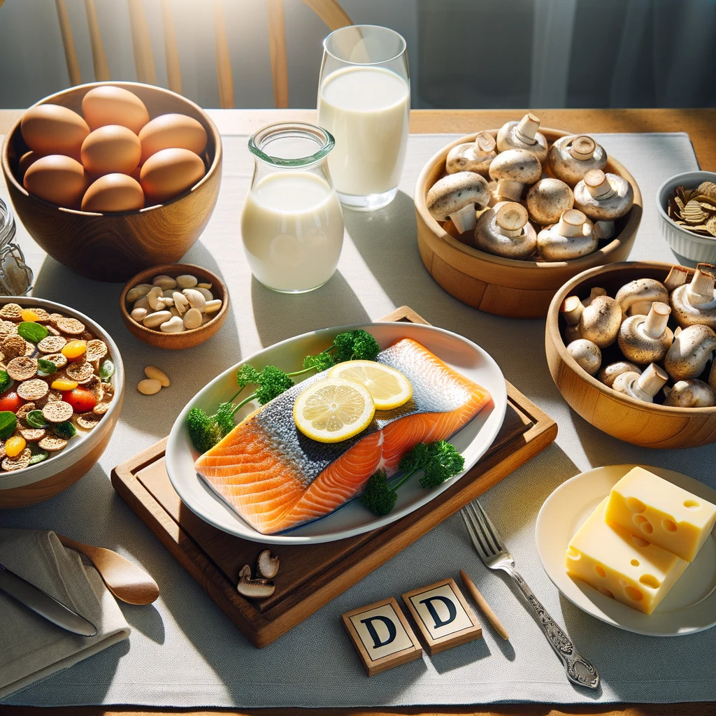 a dining table set up with Vitamin D-rich foods. Centered on the table is a dish of baked salmon with lemon wedges. Surrounding it, a glass