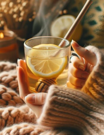 a hand with pale skin holding a transparent cup filled with a warm lemon and honey mixture, with steam