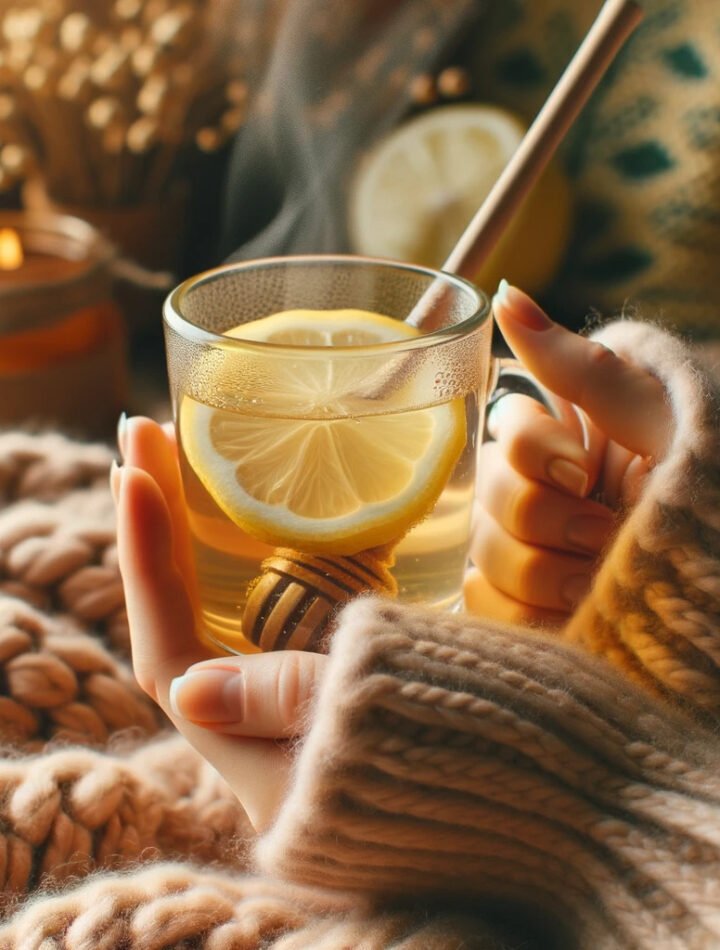 a hand with pale skin holding a transparent cup filled with a warm lemon and honey mixture, with steam