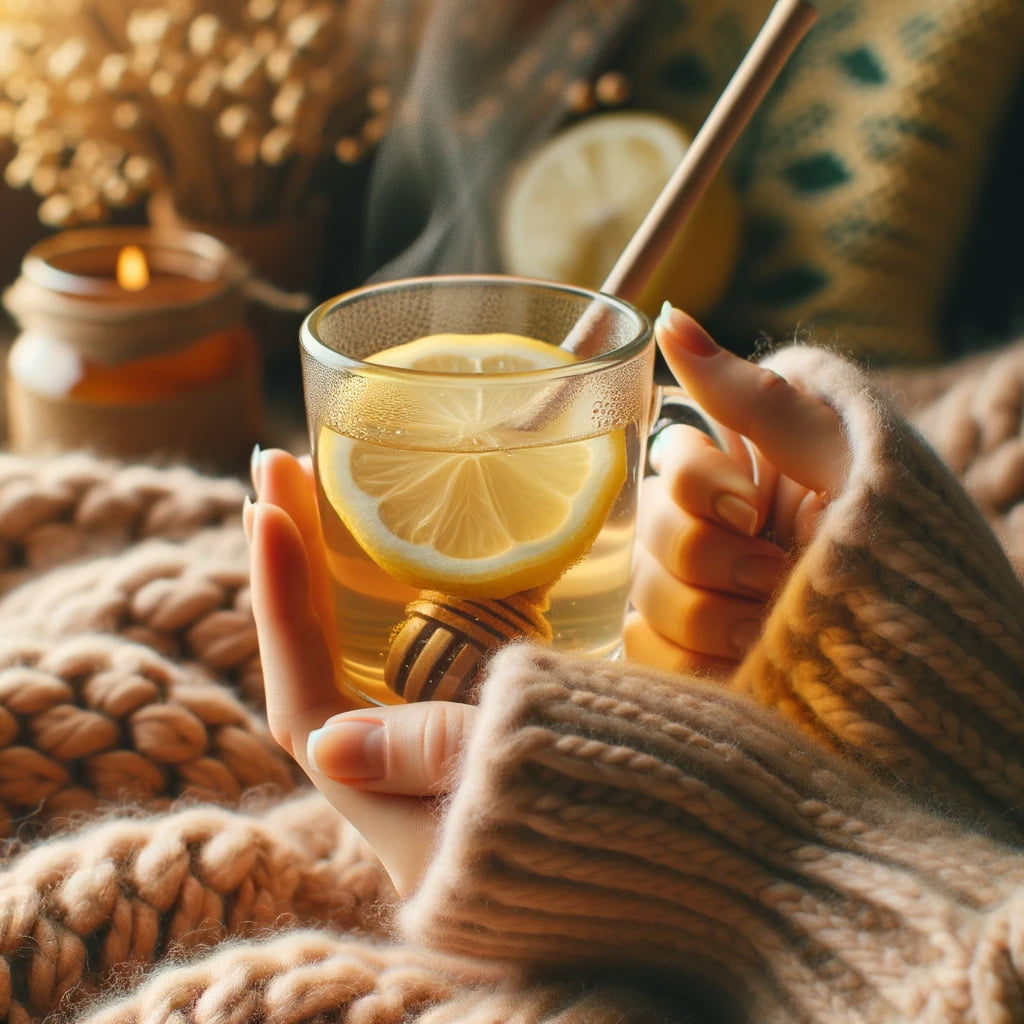 a hand with pale skin holding a transparent cup filled with a warm lemon and honey mixture, with steam