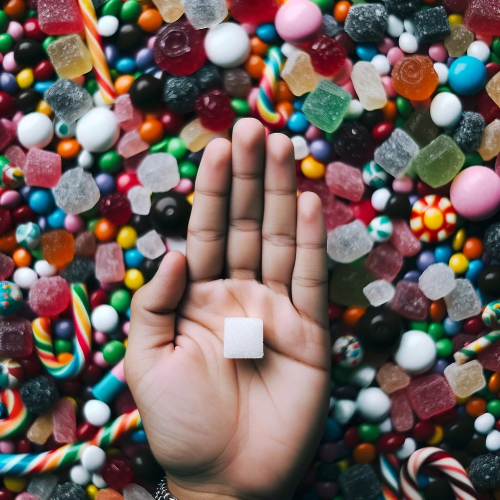 a sugar cube against a backdrop of colorful candies.png