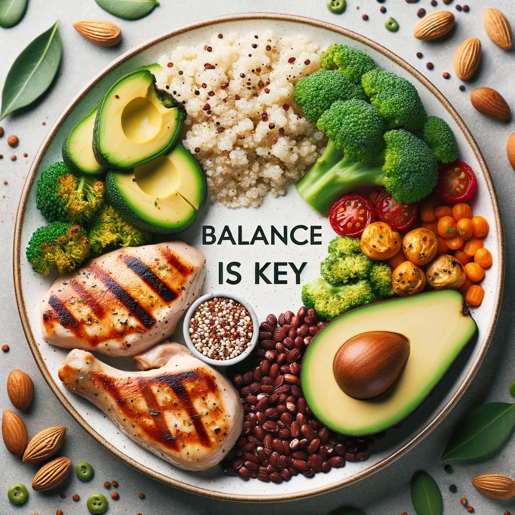  balanced meal plate with proteins, fibers, and vegetables. The plate has grilled chicken, broccoli, quinoa, and avocado. The text overlay r.png