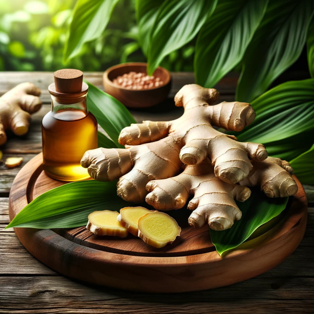  fresh ginger root on a wooden table with green leaves in the background.png