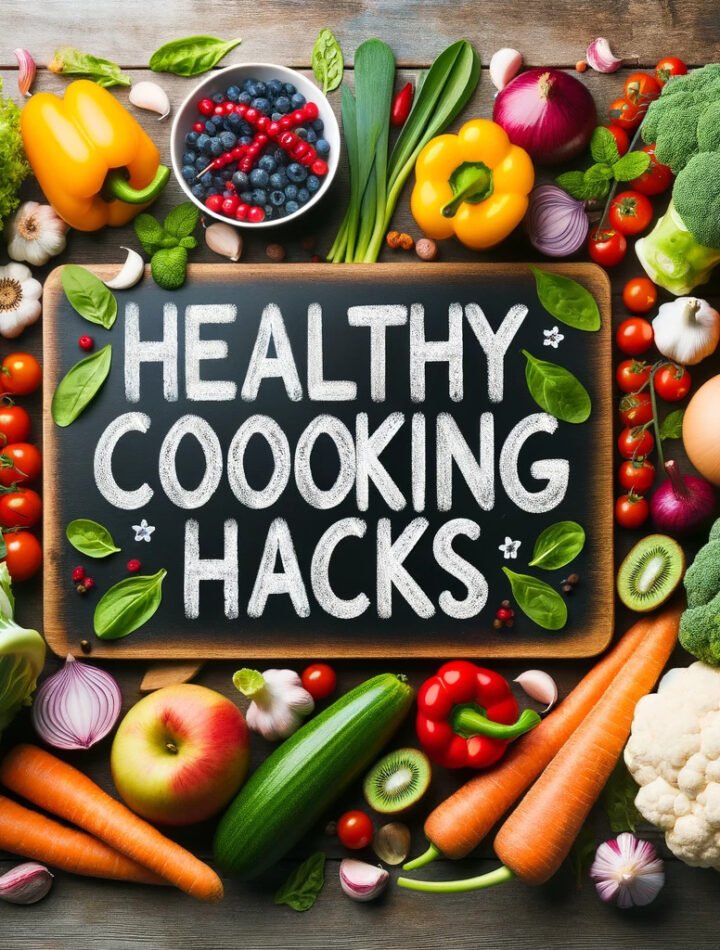 fresh vegetables and fruits on a wooden table with text overlay_ 'Best Healthy Cooking Hacks