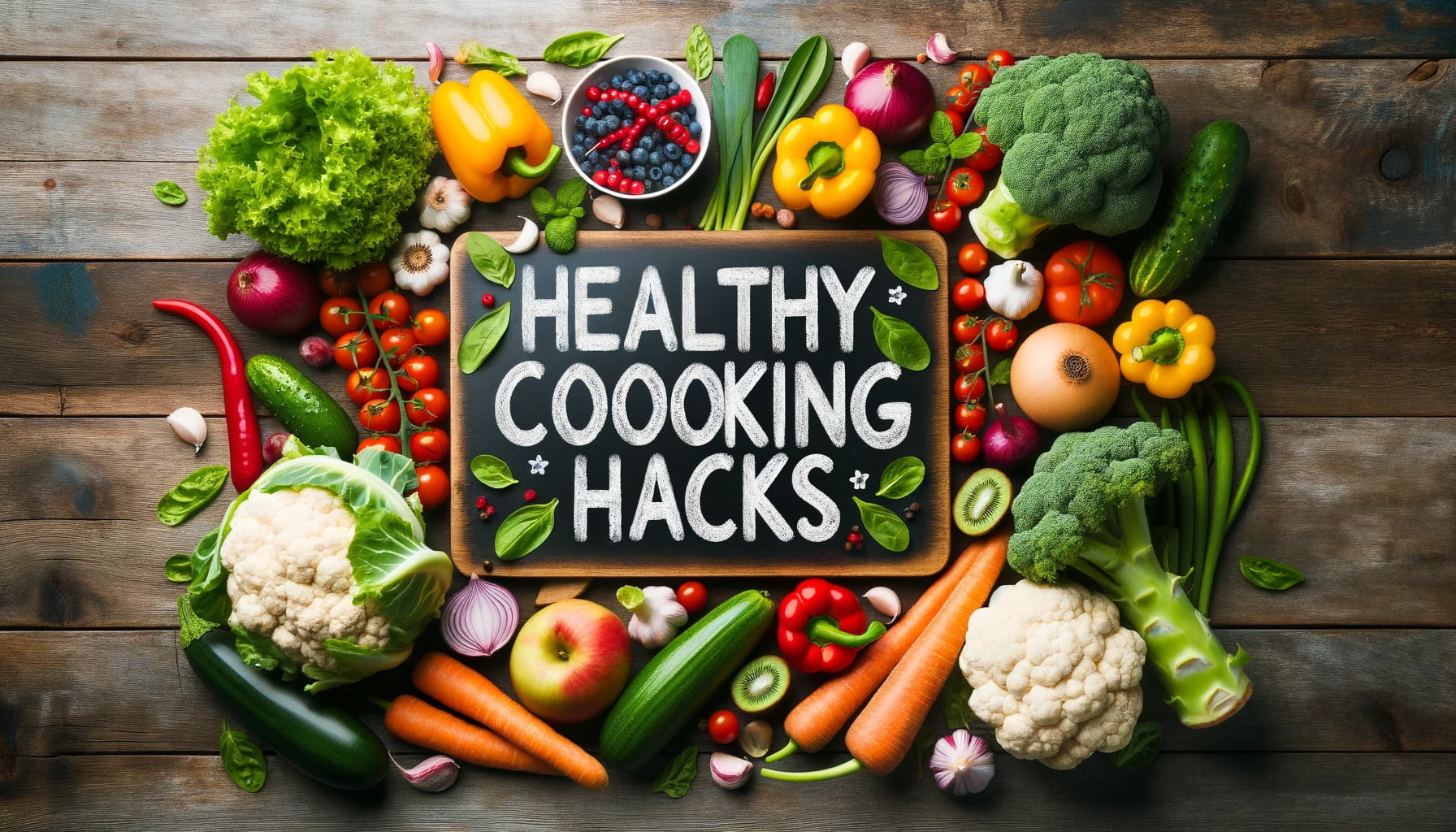 fresh vegetables and fruits on a wooden table with text overlay_ 'Best Healthy Cooking Hacks