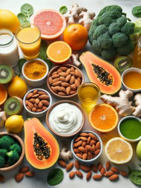 immune-boosting foods including citrus fruits, garlic, ginger, spinach, yogurt, almonds, turmeric, green tea, papaya, and kiwi a.png