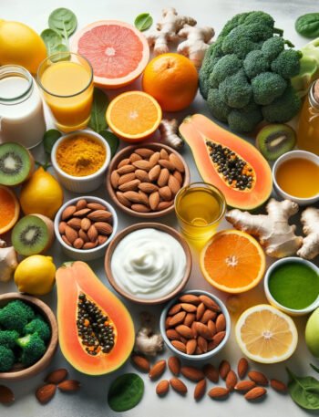 immune-boosting foods including citrus fruits, garlic, ginger, spinach, yogurt, almonds, turmeric, green tea, papaya, and kiwi a.png