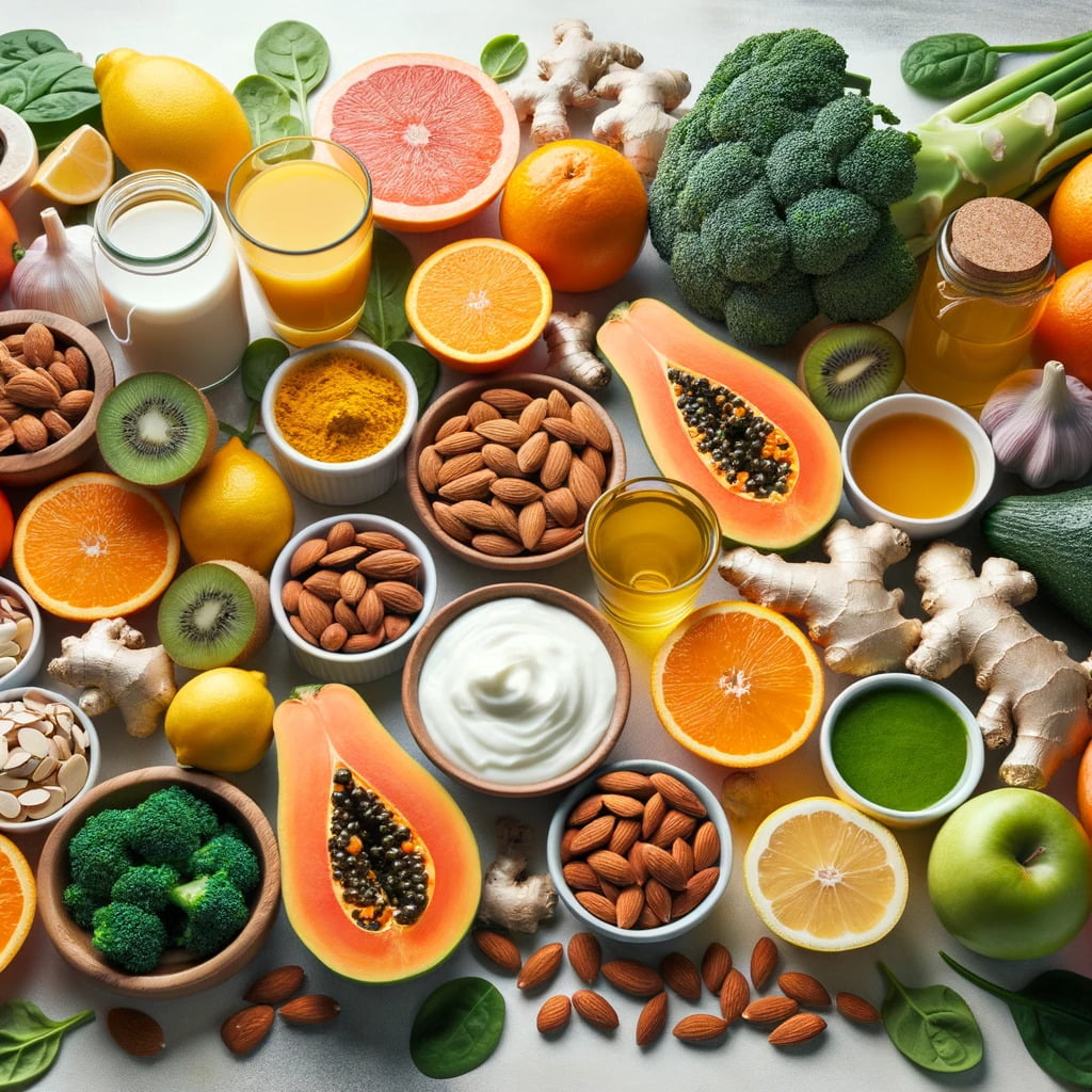 immune-boosting foods including citrus fruits, garlic, ginger, spinach, yogurt, almonds, turmeric, green tea, papaya, and kiwi a.png