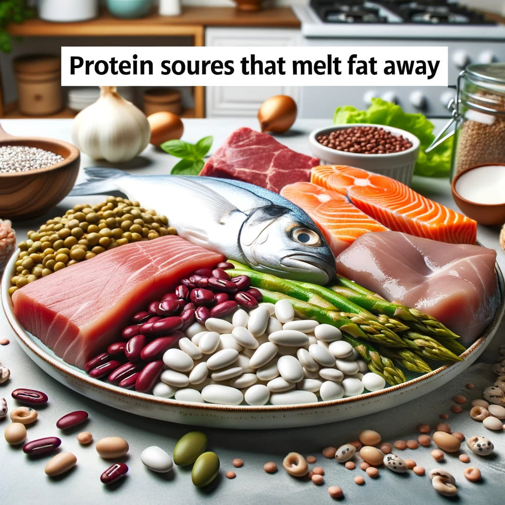 lean meats, fish, beans, and lentils. The background features a kitchen 