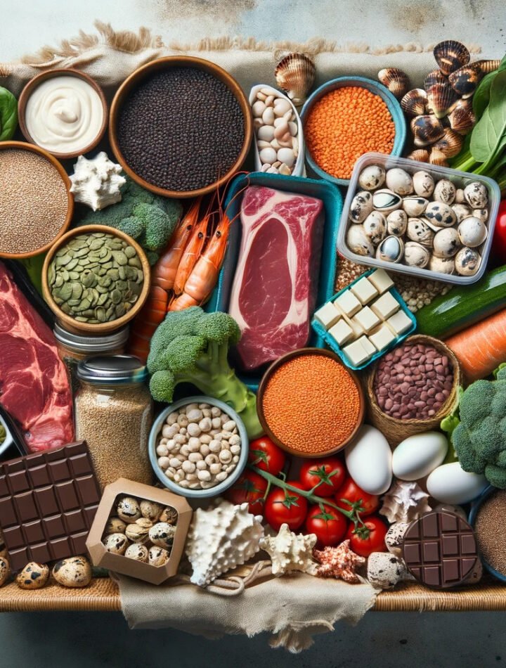 photo of a grocery basket filled with various iron-rich foods such as bags of spinach, packaged steak, lentil pack, tofu box, quinoa grains, pack.png