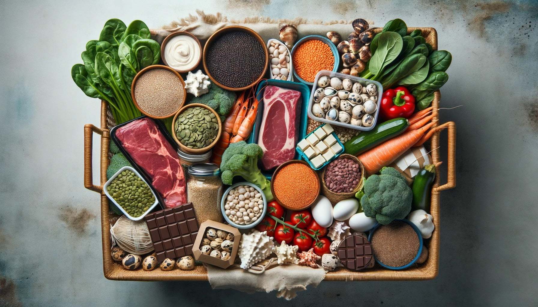 photo of a grocery basket filled with various iron-rich foods such as bags of spinach, packaged steak, lentil pack, tofu box, quinoa grains, pack.png