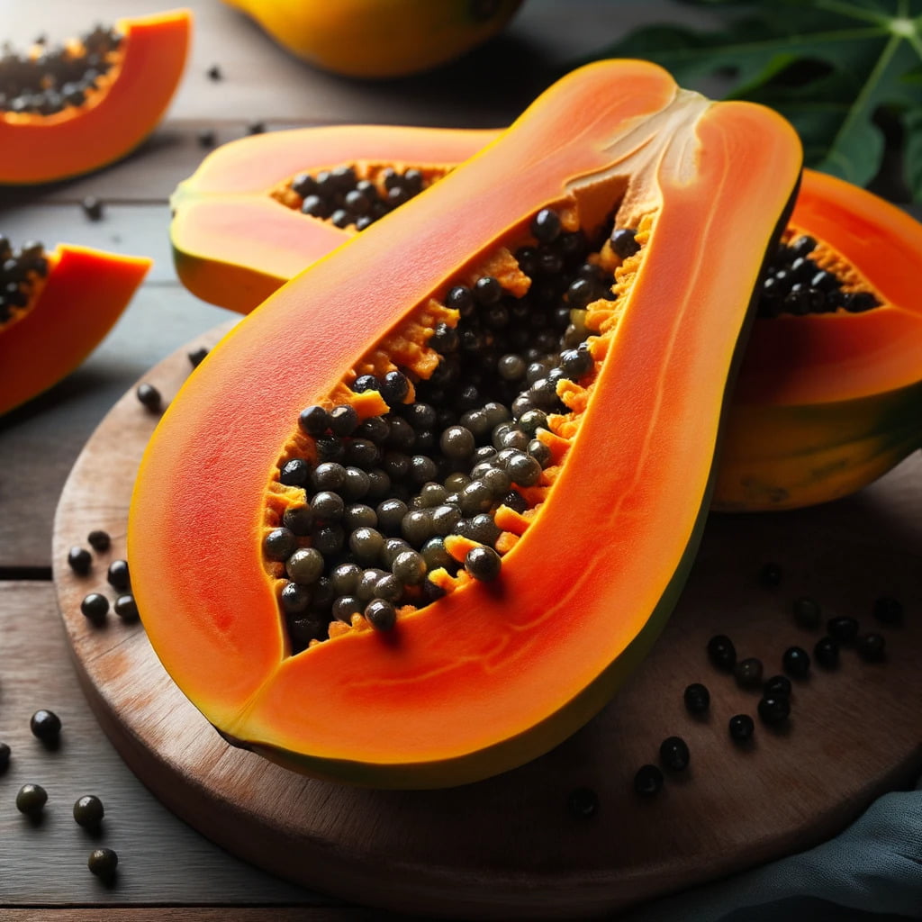 ripe papaya fruit sliced open on a wooden table revealing its vibrant orange flesh and black seeds.png