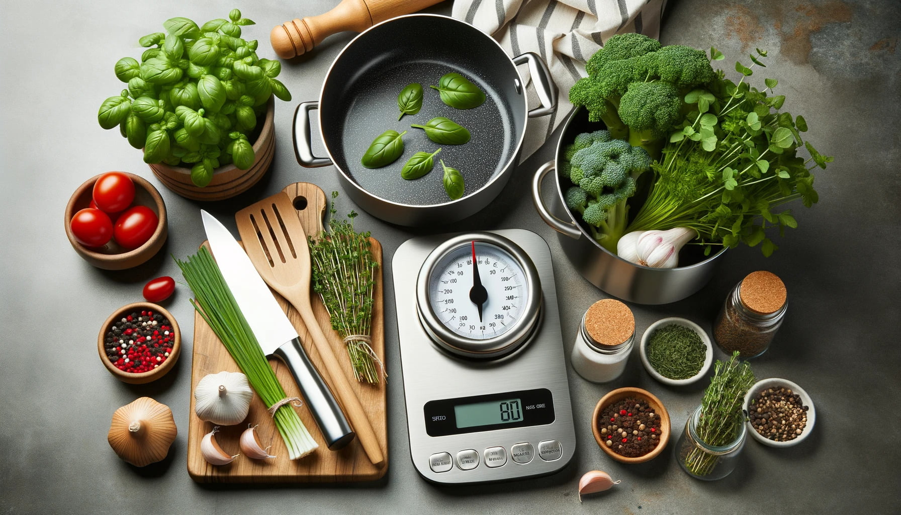 stick cookware a digital food scale and fresh herbs in a herb keeper with text overlay Kitchen Tools to Assist