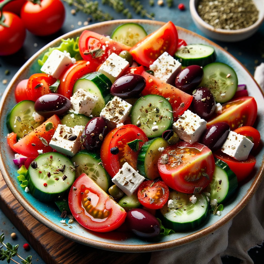 vibrant-Greek-salad-with-fresh-tomatoes-crispy-cucumbers-Kalamata-olives-crumbled-feta-cheese-and-a-sprinkle-of-dried-oregano