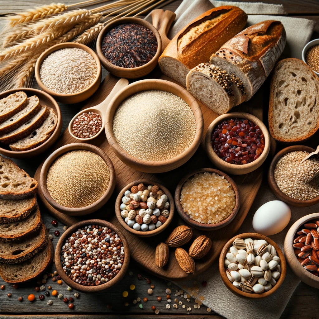 whole grains like quinoa barley and slices of whole grain bread arranged aesthetically on a wooden table